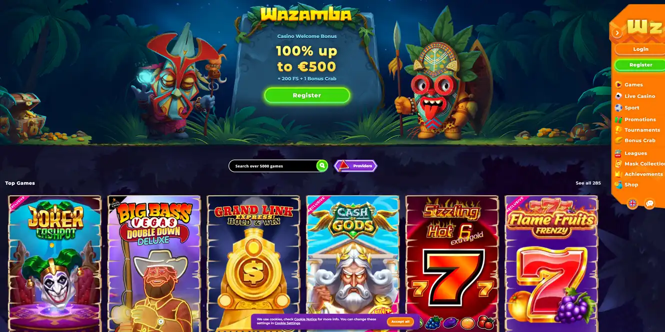 wazamba online casino home page by casinos club