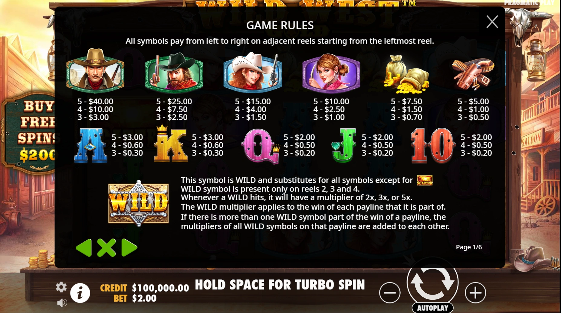 wild west gold slot symbols and payouts